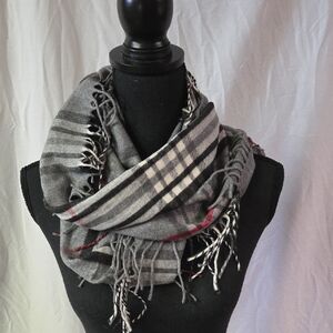 Elegant Gray and Red Plaid Infinity Scarf